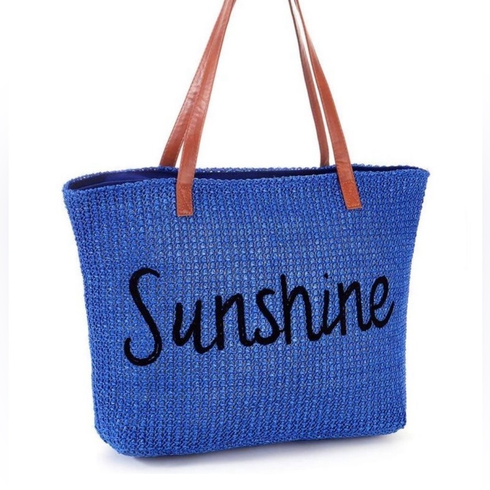 STRIPE and Stitchwork Straw Tote Beach Bag with Zipper